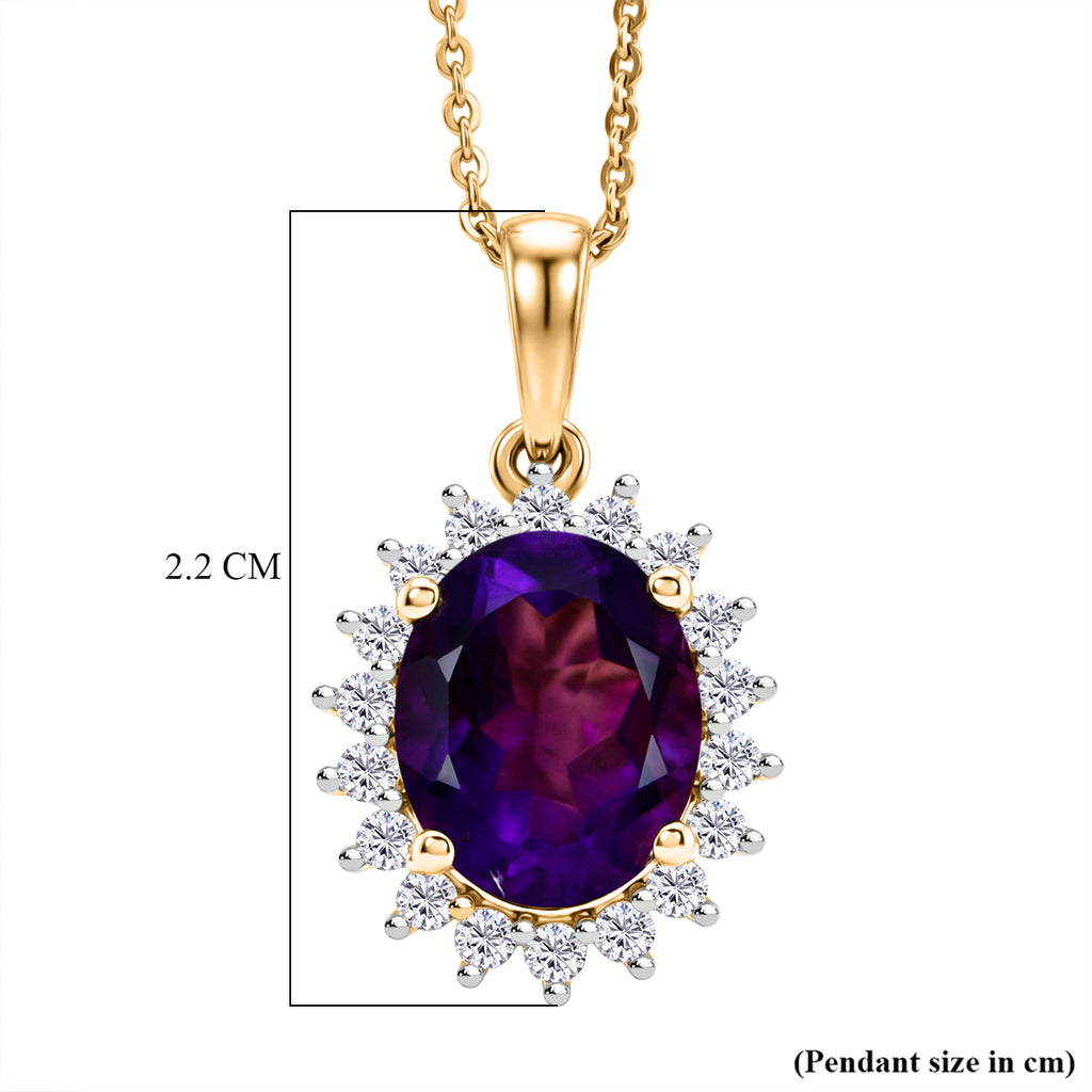 Luxuriant - AAA Zambian Amethyst & Lab Grown Diamond (SI/G-H) Halo Drop Pendant with Chain (Size 20) in 18K Vermeil Yellow Gold Plated Sterling Silver 2.85 Ct._4478867_5