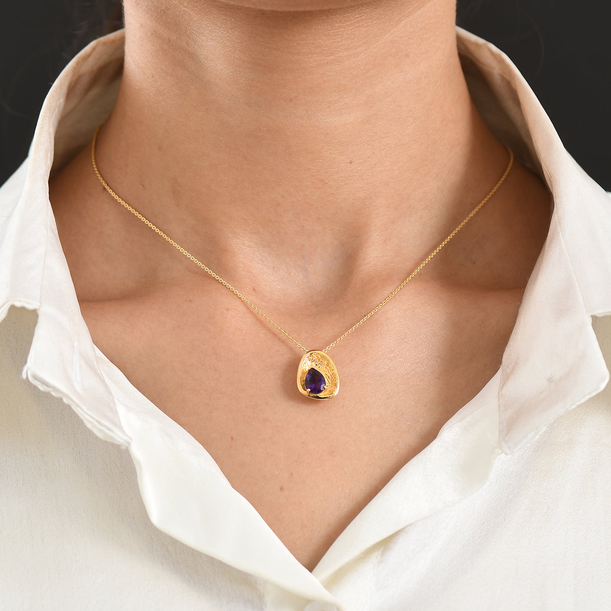 D'Joy - AAA Zambian Amethyst Pear Cut Solitaire Pendant with Chain (Size 20) in Yellow Gold Plated Sterling Silver 1.05 Ct. 4478905 2