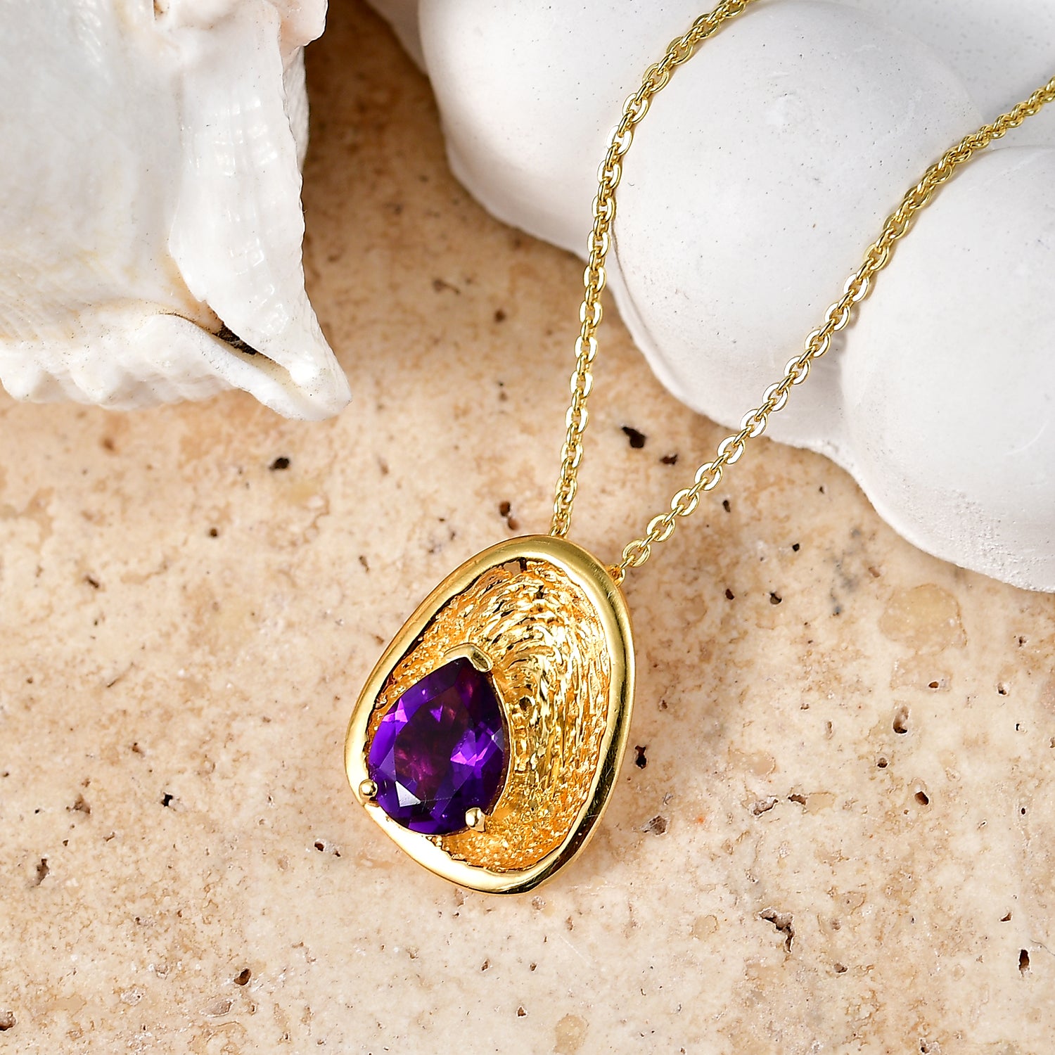 D'Joy - AAA Zambian Amethyst Pear Cut Solitaire Pendant with Chain (Size 20) in Yellow Gold Plated Sterling Silver 1.05 Ct. 4478905 3