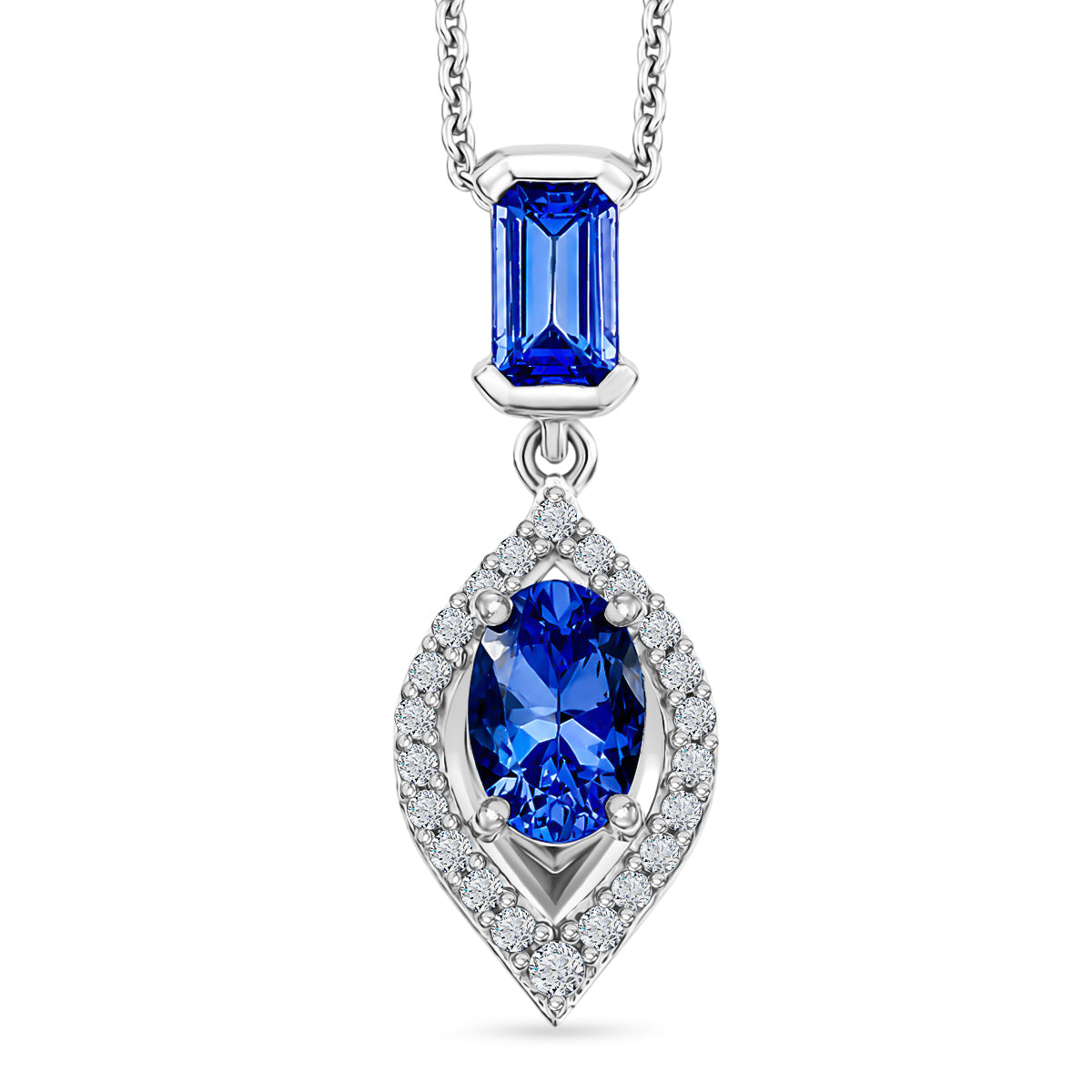 D'Joy - Tanzanite &amp; White Zircon Drop Pendant with Chain (Size 20) in Rhodium Overlay Sterling Silver V32658907 0
