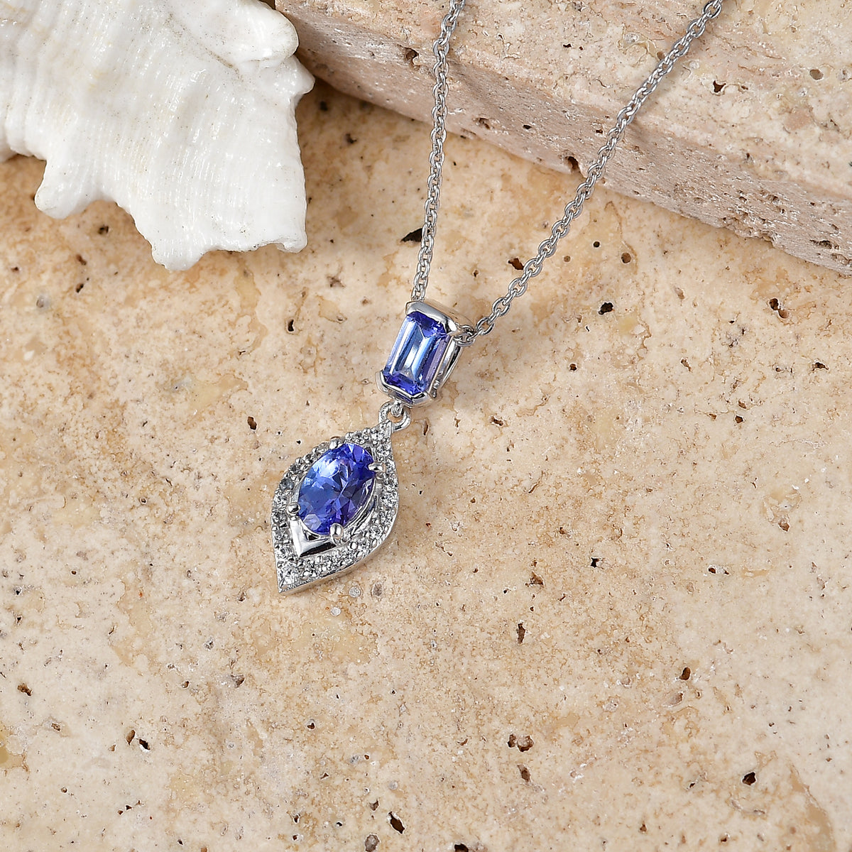 D'Joy - Tanzanite &amp; White Zircon Drop Pendant with Chain (Size 20) in Rhodium Overlay Sterling Silver V32658907 3
