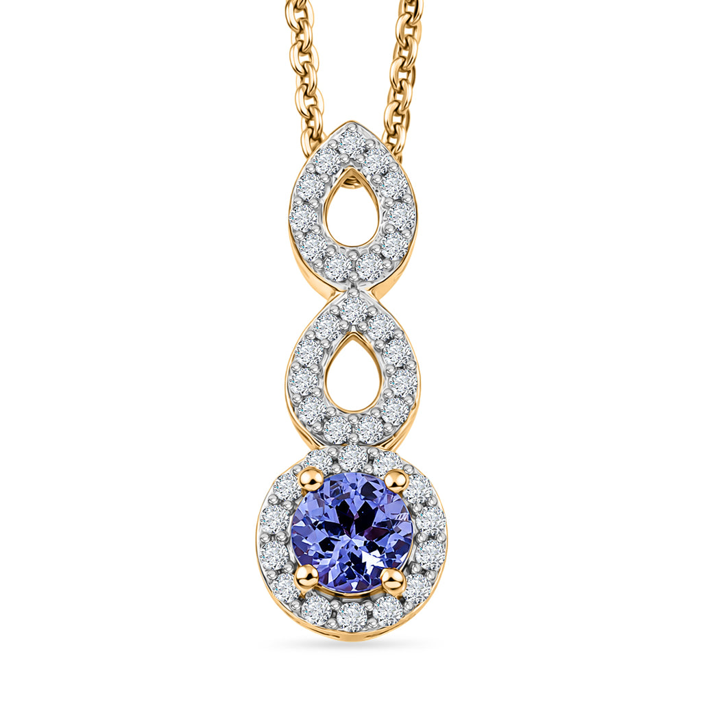 D'Joy - Tanzanite & White Zircon Halo Infinity Pendant with Chain (Size 20) in Yellow Gold Plated Sterling Silver_4478971