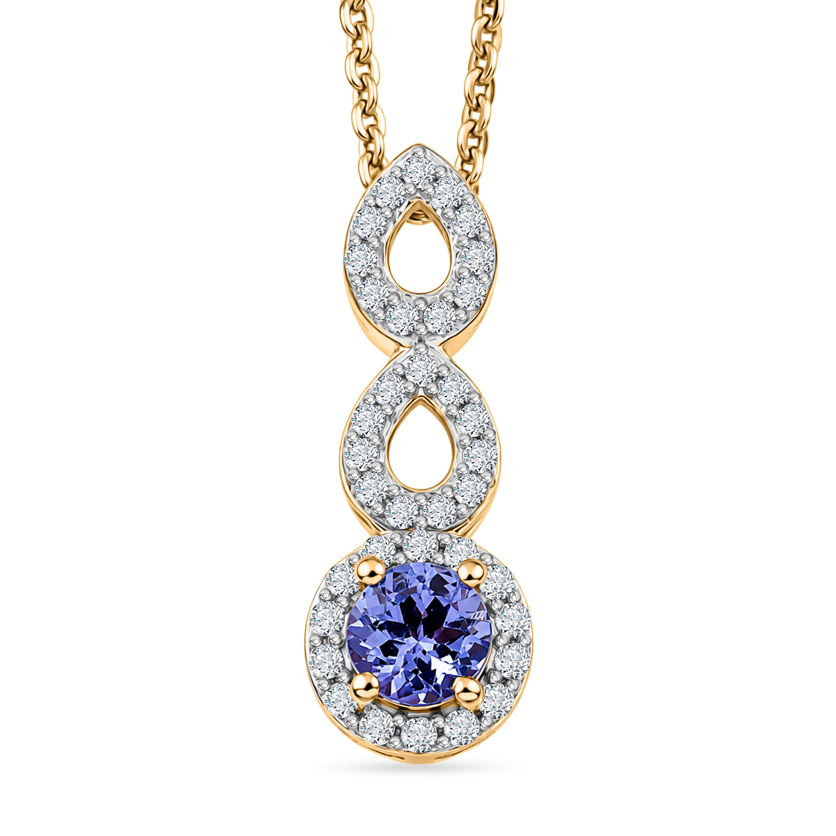 D'Joy - Tanzanite &amp; White Zircon Halo Drop Pendant with Chain (Size 20) in Yellow Gold Plated Sterling Silver V32520191 0