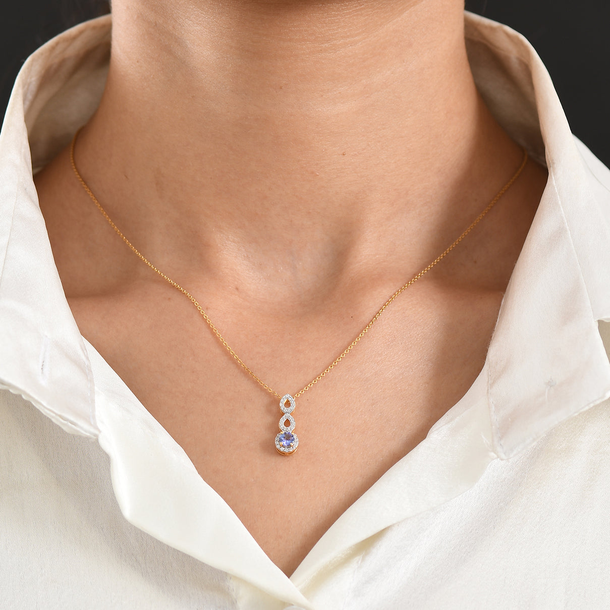 D'Joy - Tanzanite &amp; White Zircon Halo Drop Pendant with Chain (Size 20) in Yellow Gold Plated Sterling Silver V32520191 2