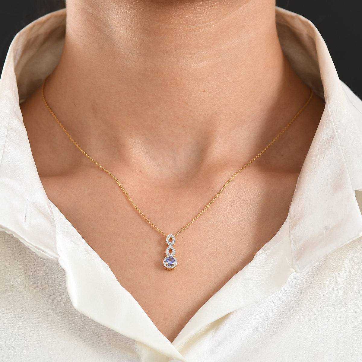 D'Joy - Tanzanite &amp; White Zircon Halo Drop Pendant with Chain (Size 20) in Yellow Gold Plated Sterling Silver V32520191 2