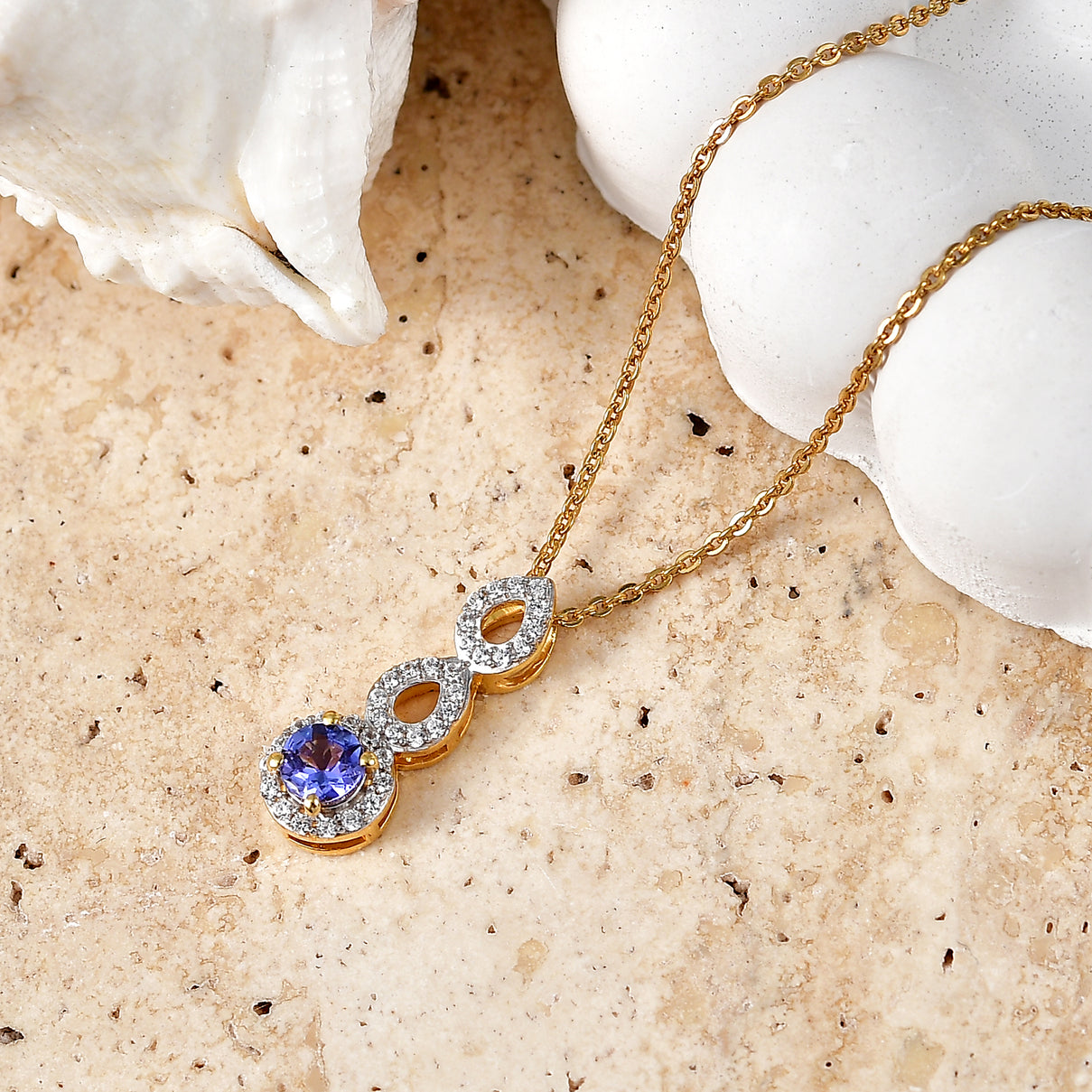 D'Joy - Tanzanite &amp; White Zircon Halo Drop Pendant with Chain (Size 20) in Yellow Gold Plated Sterling Silver V32520191 3