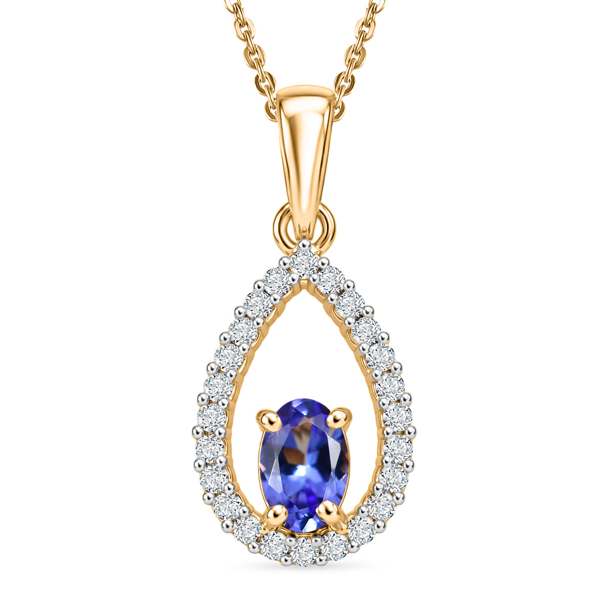 D'Joy - Tanzanite &amp; White Zircon Teardrop Halo Pendant with Chain (Size 20) in Yellow Gold Plated Sterling Silver 4478972 0