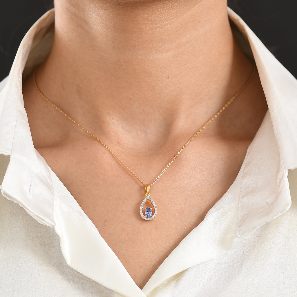 D'Joy - Tanzanite & White Zircon Pendant with Chain (Size 20) in Yellow Gold Plated Sterling Silver_4478972_1
