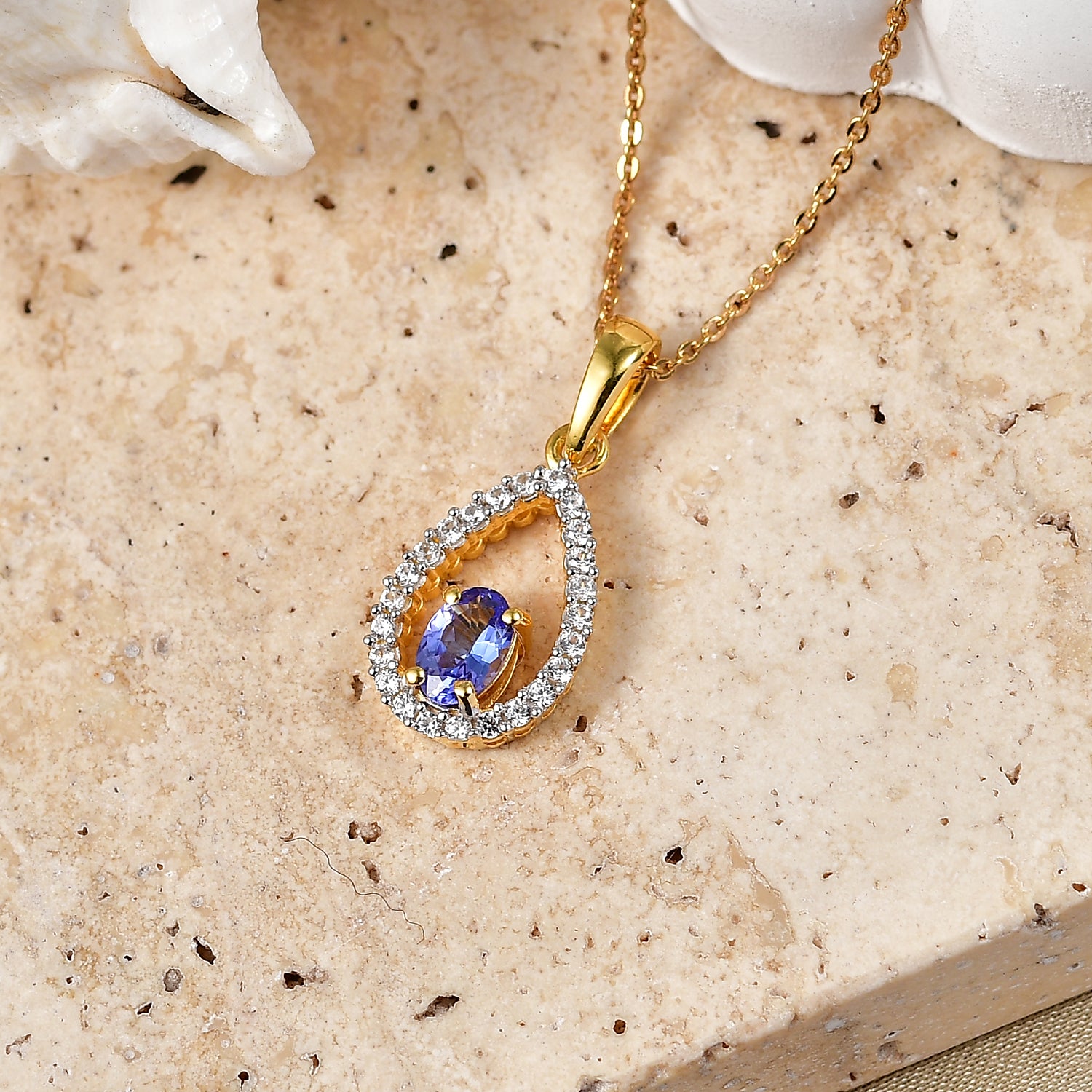 D'Joy - Tanzanite &amp; White Zircon Teardrop Halo Pendant with Chain (Size 20) in Yellow Gold Plated Sterling Silver 4478972 3