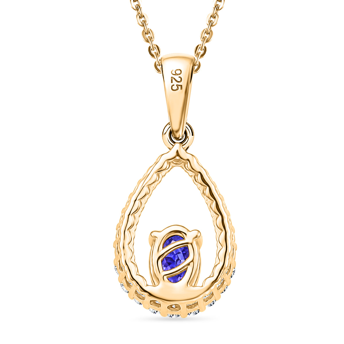 D'Joy - Tanzanite &amp; White Zircon Teardrop Halo Pendant with Chain (Size 20) in Yellow Gold Plated Sterling Silver 4478972 5