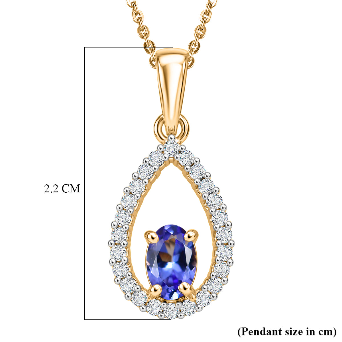 D'Joy - Tanzanite &amp; White Zircon Teardrop Halo Pendant with Chain (Size 20) in Yellow Gold Plated Sterling Silver 4478972 6