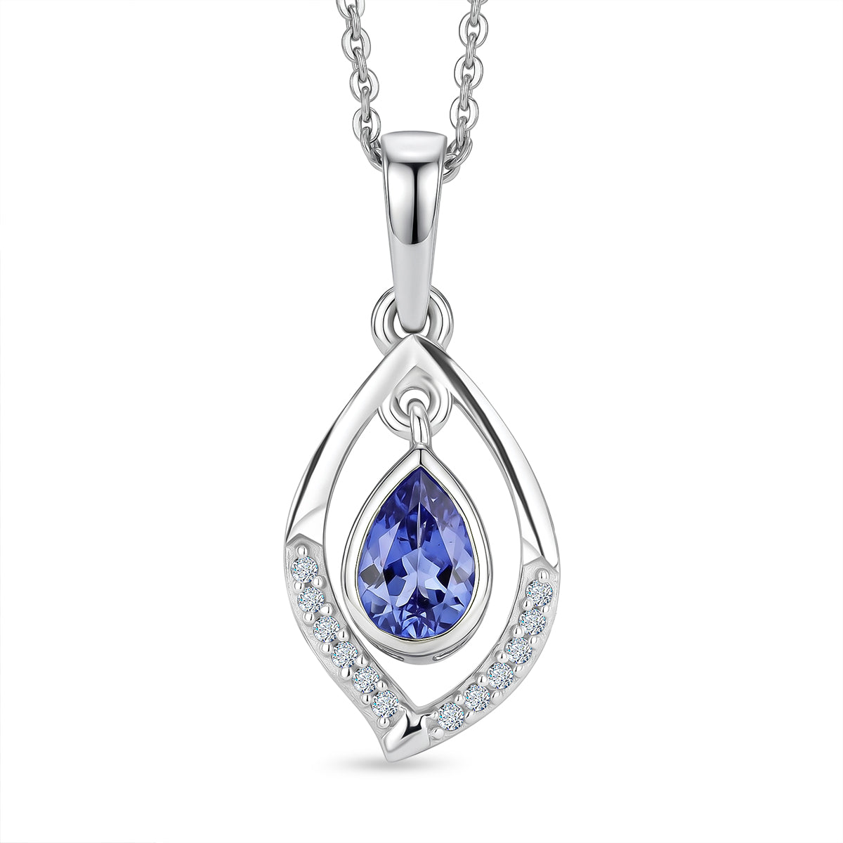 D'Joy - Tanzanite &amp; White Zircon Pear Cut Pendant with Chain (Size 20) in Rhodium Overlay Sterling Silver V32519573 0