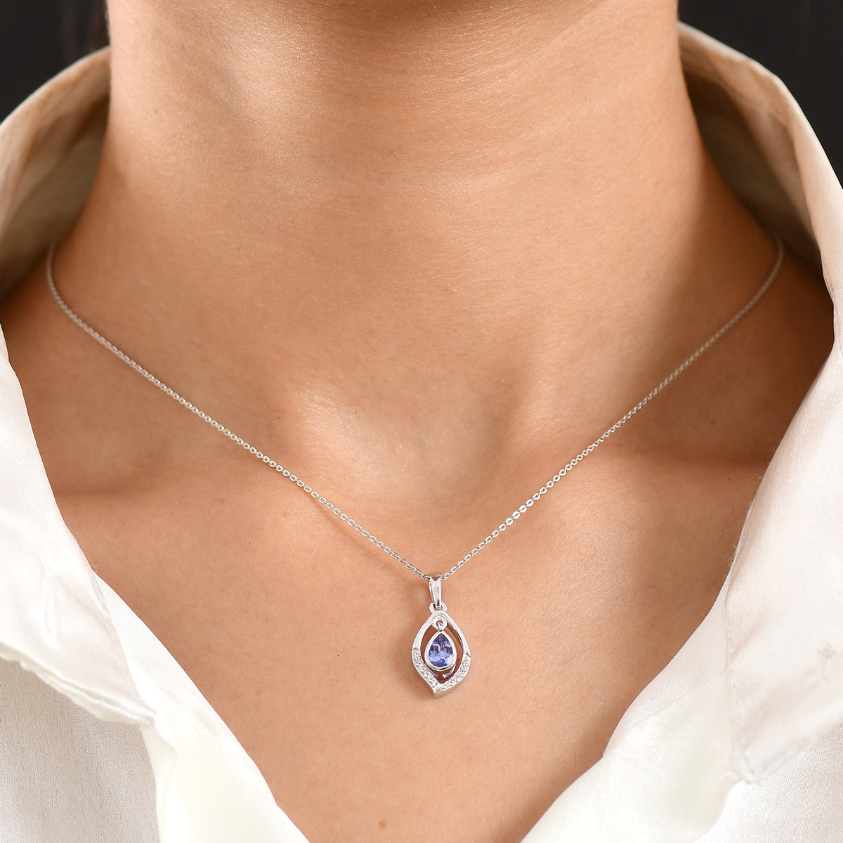 D'Joy - Tanzanite &amp; White Zircon Pear Cut Pendant with Chain (Size 20) in Rhodium Overlay Sterling Silver V32519573 2