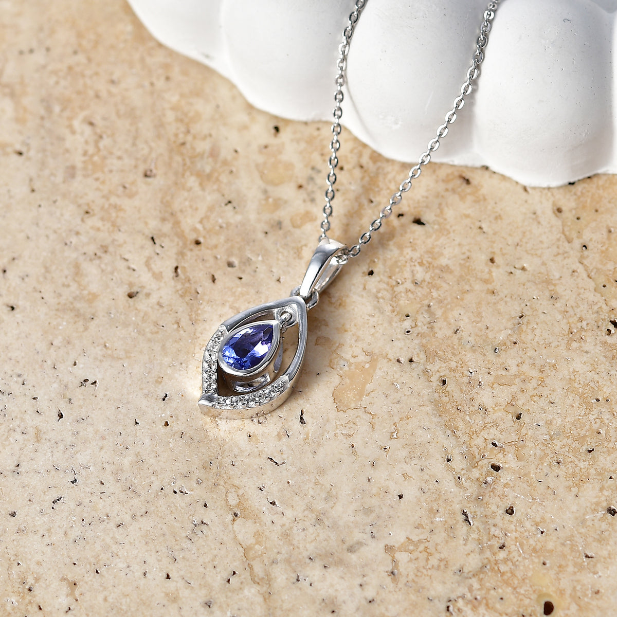 D'Joy - Tanzanite &amp; White Zircon Pear Cut Pendant with Chain (Size 20) in Rhodium Overlay Sterling Silver V32519573 3
