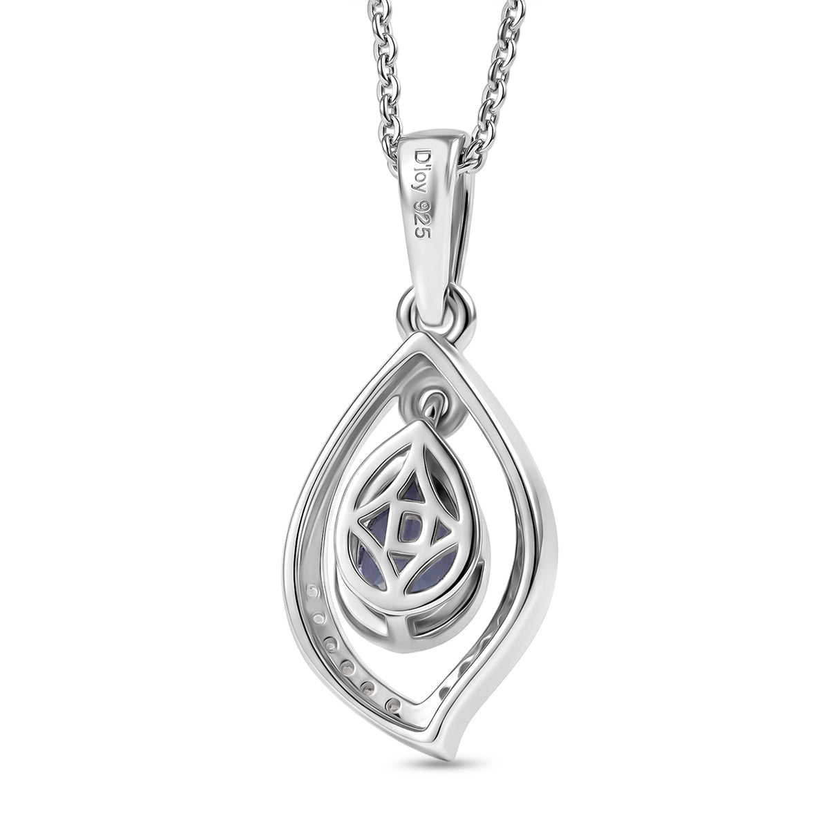 D'Joy - Tanzanite &amp; White Zircon Pear Cut Pendant with Chain (Size 20) in Rhodium Overlay Sterling Silver V32519573 5