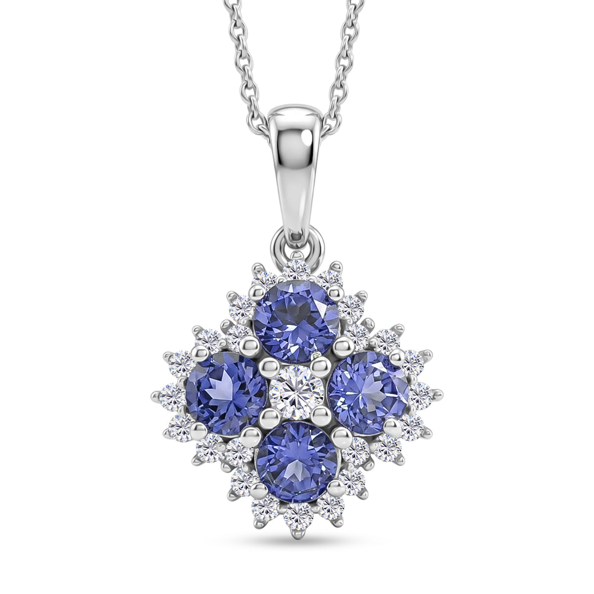 Luxuriant - Tanzanite &amp; Lab Grown Diamond (SI-G-H) Cluster Pendant with Chain (Size 20) in Rhodium Overlay Sterling Silver 1.50 Ct. 4478977 0