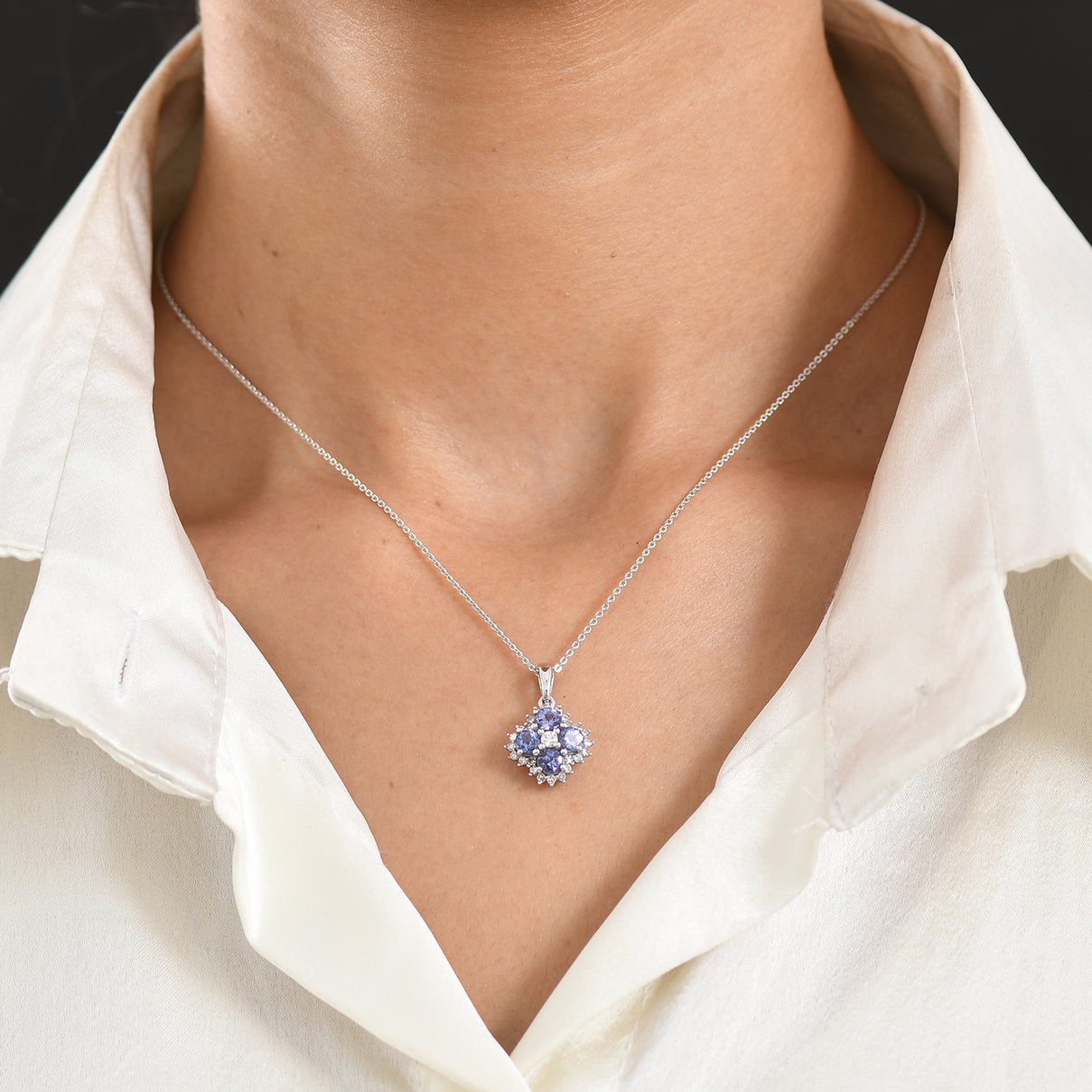 Luxuriant - Tanzanite &amp; Lab Grown Diamond (SI-G-H) Cluster Pendant with Chain (Size 20) in Rhodium Overlay Sterling Silver 1.50 Ct. 4478977 1