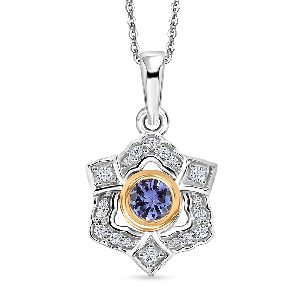 D'Joy - Tanzanite & White Zircon Pendant with Chain (Size 20) in Platinum Overlay & Yellow Gold Plated Sterling Silver_4478979