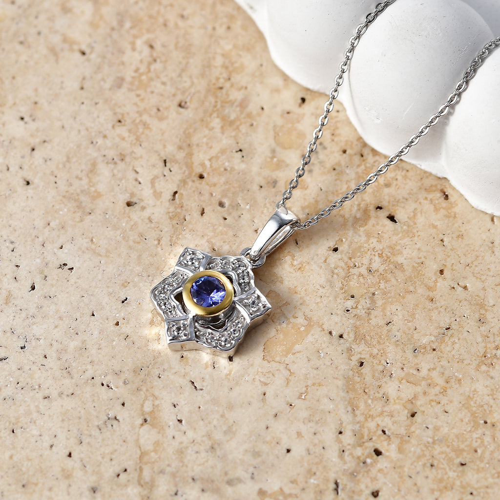 D'Joy - Tanzanite & White Zircon Pendant with Chain (Size 20) in Platinum Overlay & Yellow Gold Plated Sterling Silver_4478979_2