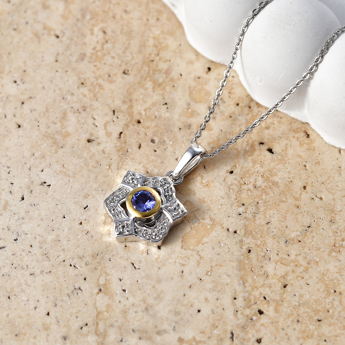 D'Joy - Tanzanite &amp; White Zircon Floral Pendant with Chain (Size 20) in Platinum Overlay &amp; Yellow Gold Plated Sterling Silver V32490286 3