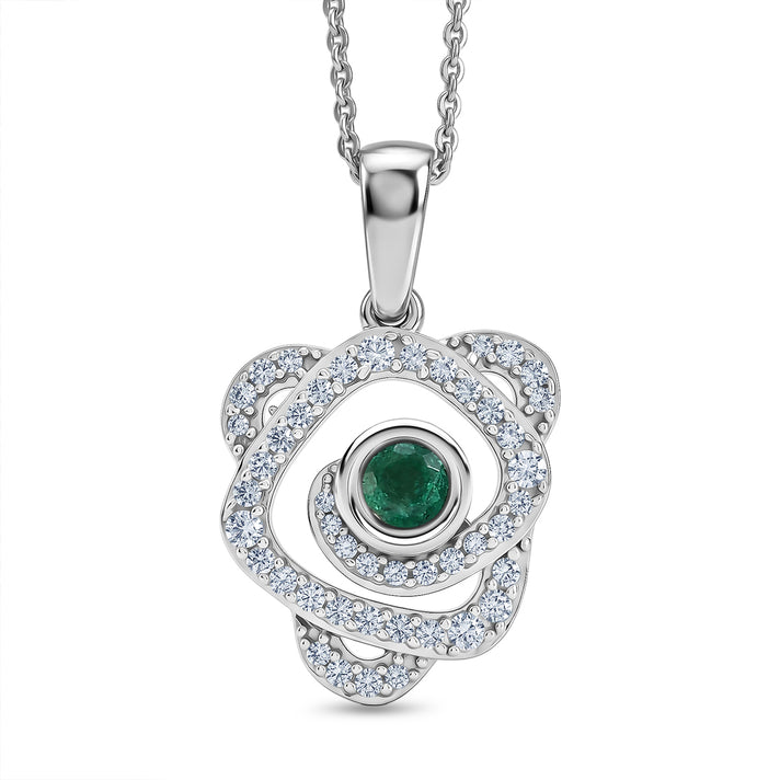 D'Joy - AAA Premium Zambian Emerald &amp; White Zircon Pendant with Chain (Size 20) in Rhodium Overlay Sterling Silver 4479016 1