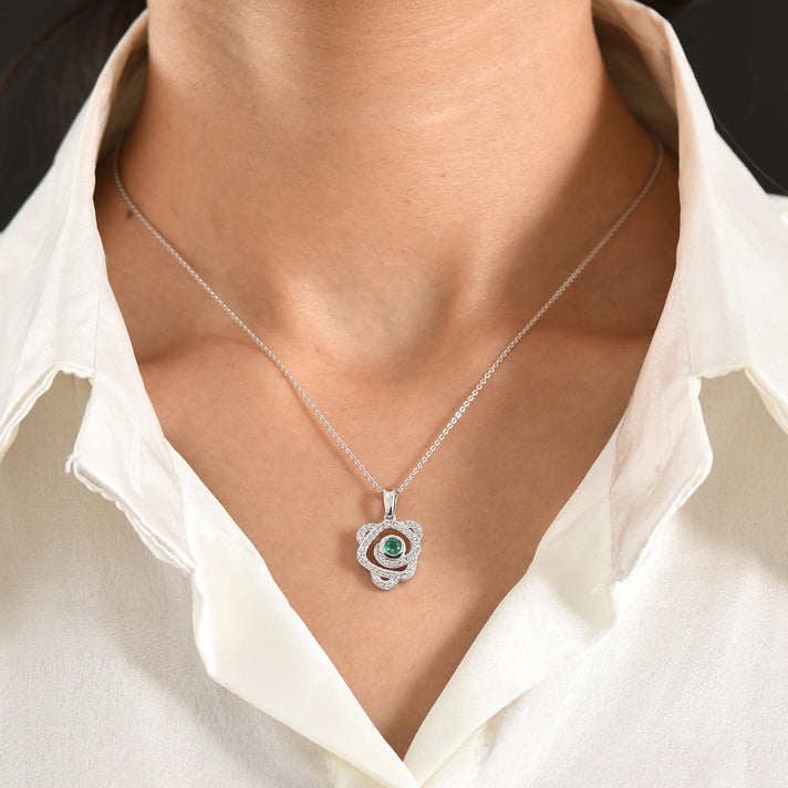D'Joy - AAA Premium Zambian Emerald &amp; White Zircon Pendant with Chain (Size 20) in Rhodium Overlay Sterling Silver 4479016 2
