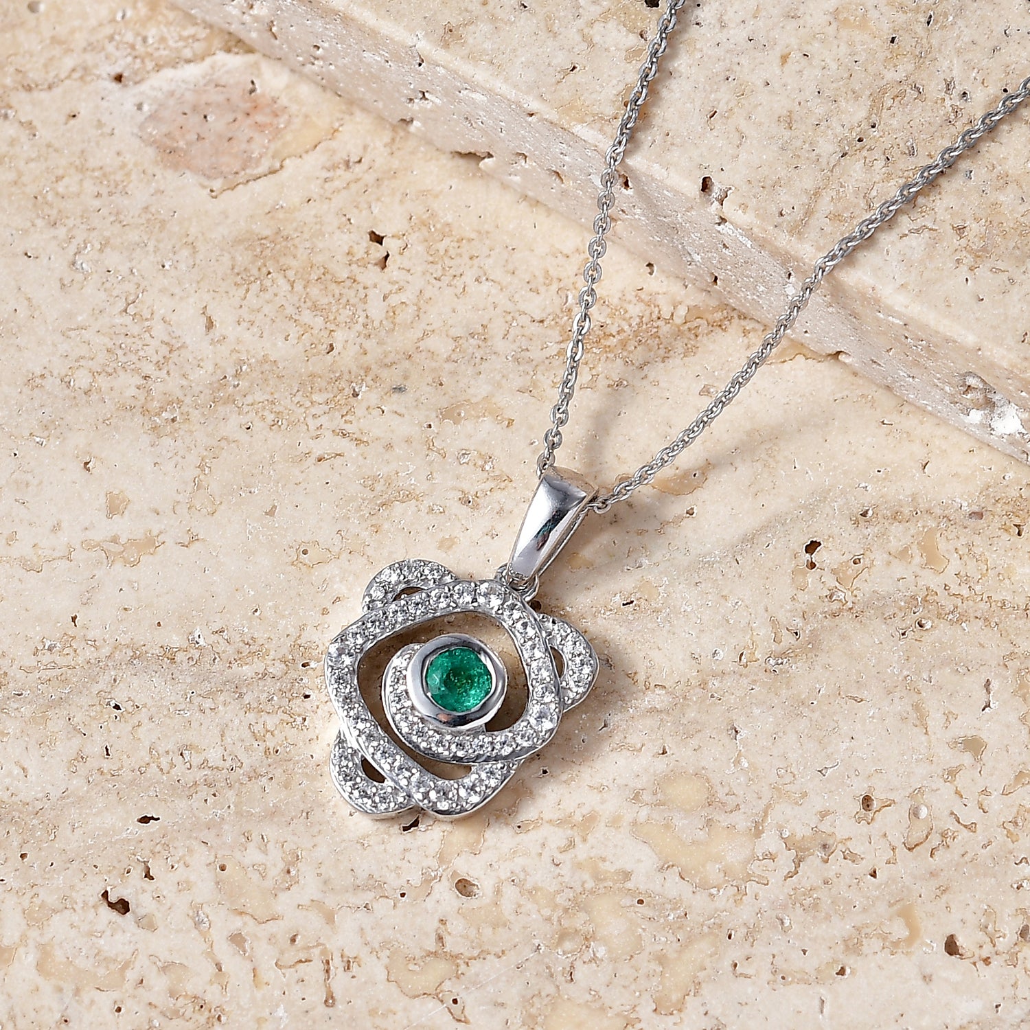 D'Joy - AAA Premium Zambian Emerald &amp; White Zircon Pendant with Chain (Size 20) in Rhodium Overlay Sterling Silver 4479016 3