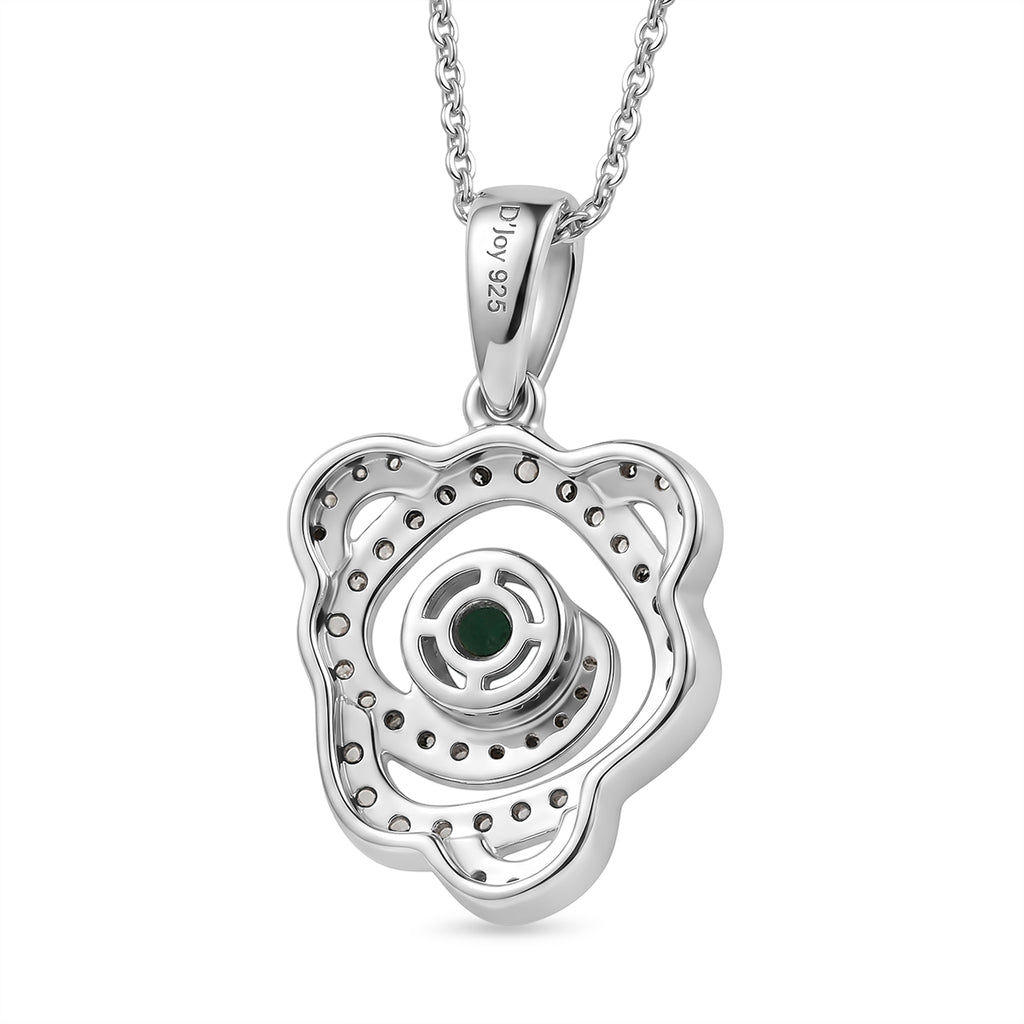 D'Joy - AAA Premium Zambian Emerald & White Zircon Pendant with Chain (Size 20) in Rhodium Overlay Sterling Silver_4479016_4