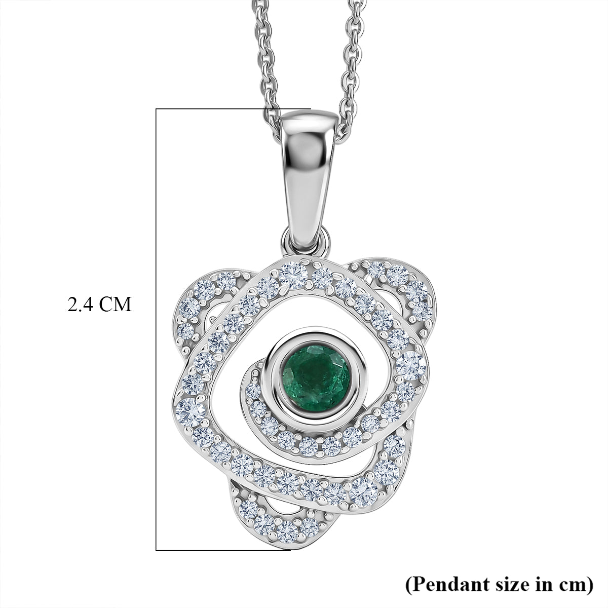 D'Joy - AAA Premium Zambian Emerald &amp; White Zircon Pendant with Chain (Size 20) in Rhodium Overlay Sterling Silver 4479016 7