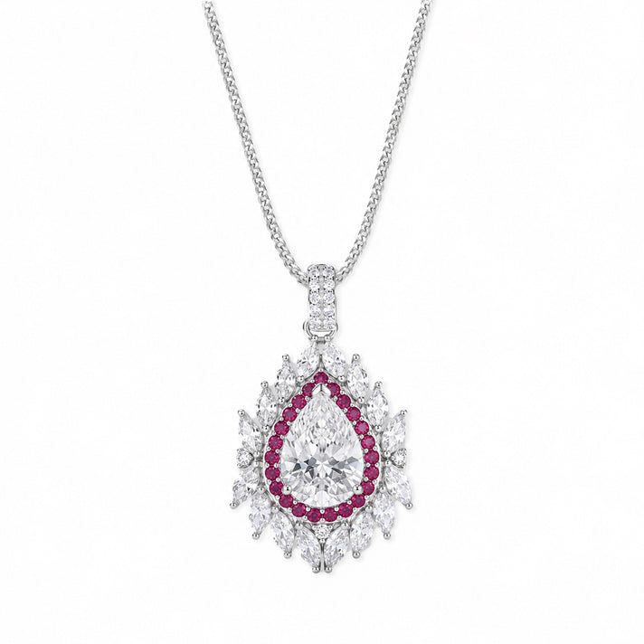 Moissanite &amp; Pink Sapphire Double Halo Pear Shaped Pendant with Chain (Size 18) in Rhodium Overlay Sterling Silver 3.76 Ct. 4479237 1
