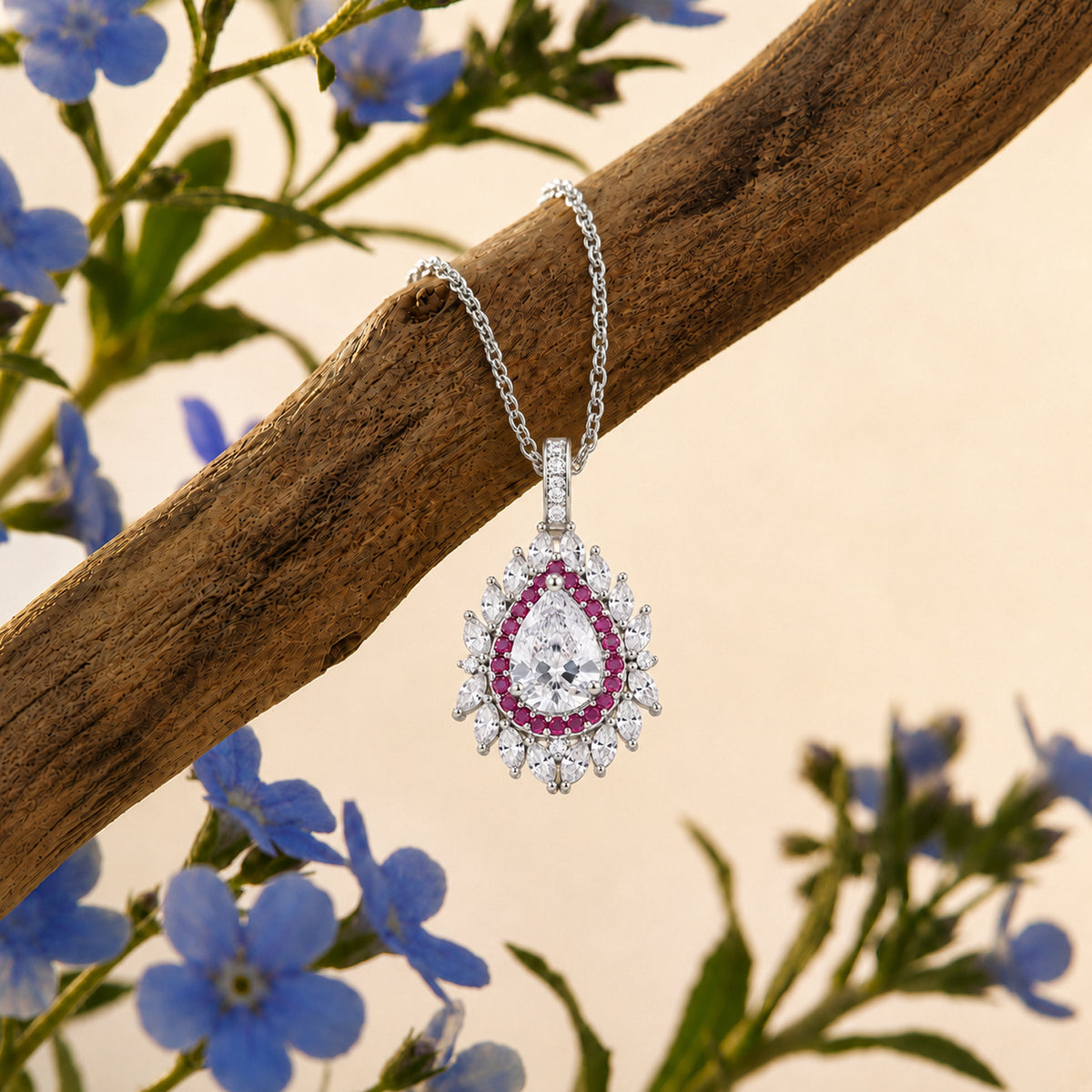 Moissanite &amp; Pink Sapphire Double Halo Pear Shaped Pendant with Chain (Size 18) in Rhodium Overlay Sterling Silver 3.76 Ct. 4479237 2