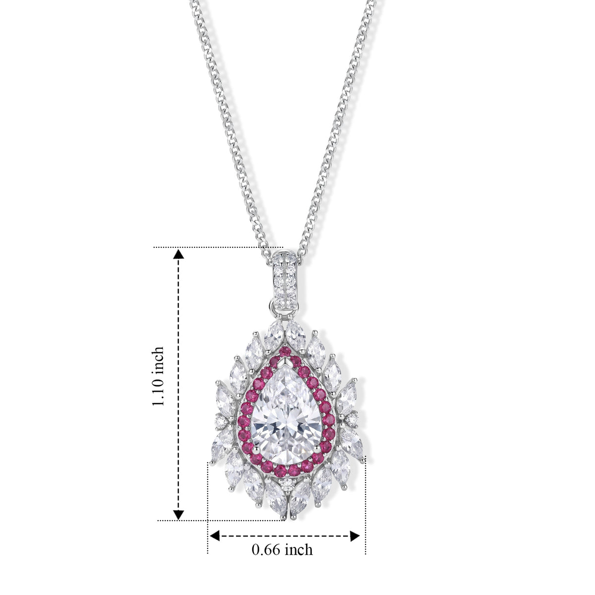 Moissanite &amp; Pink Sapphire Double Halo Pear Shaped Pendant with Chain (Size 18) in Rhodium Overlay Sterling Silver 3.76 Ct. 4479237 4