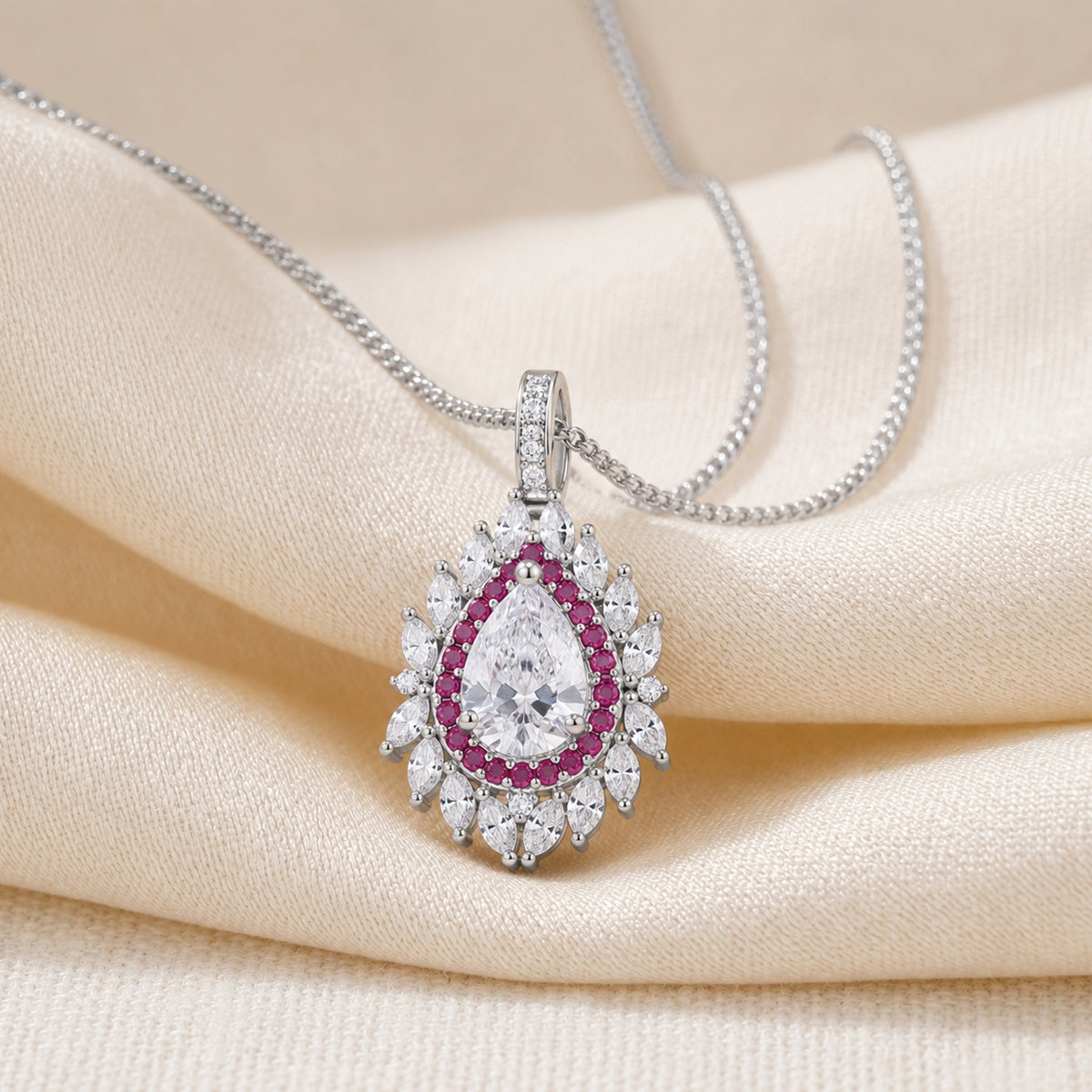 Moissanite &amp; Pink Sapphire Double Halo Pear Shaped Pendant with Chain (Size 18) in Rhodium Overlay Sterling Silver 3.76 Ct. 4479237 5