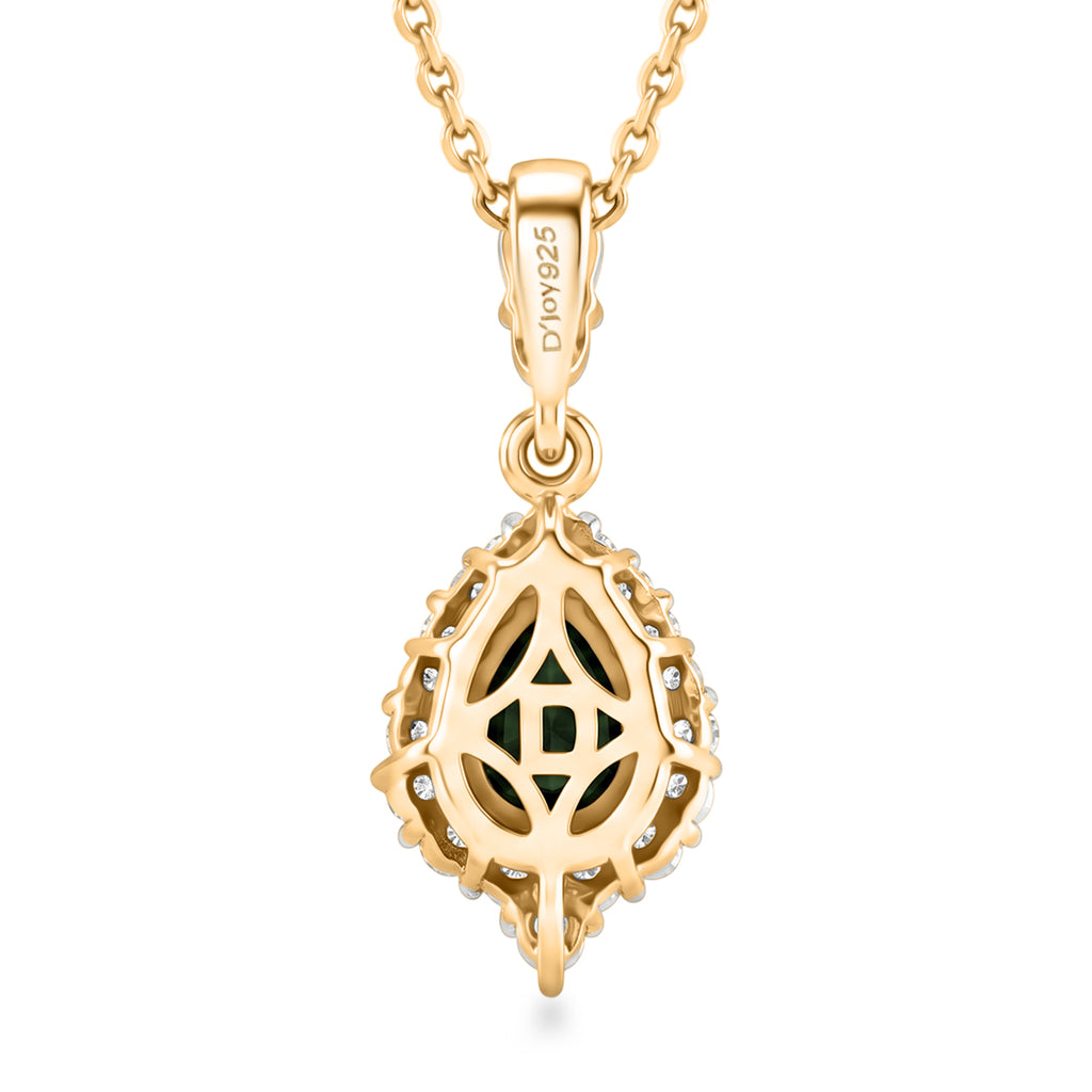D'Joy - Natural Chrome Diopside & White Zircon Halo Drop Pendant with Chain (Size 20) in Yellow Gold Plated Sterling Silver 1.15 Ct._4479349_4