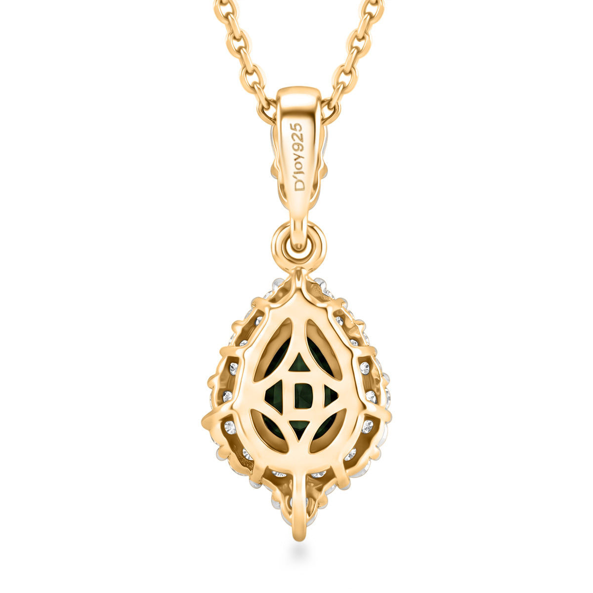 D'Joy - Natural Chrome Diopside &amp; White Zircon Halo Drop Pendant with Chain (Size 20) in Yellow Gold Plated Sterling Silver 1.15 Ct. 4479349 5