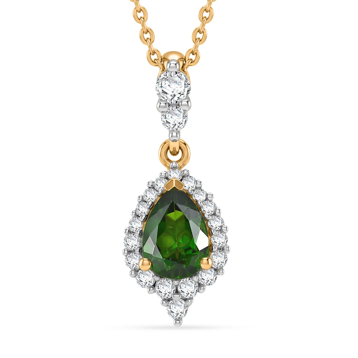 D'Joy - Natural Chrome Diopside &amp; White Zircon Halo Drop Pendant with Chain (Size 20) in Yellow Gold Plated Sterling Silver 1.15 Ct. V32351451 0