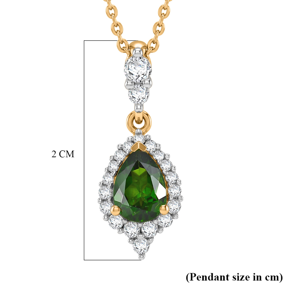 D'Joy - Natural Chrome Diopside &amp; White Zircon Halo Drop Pendant with Chain (Size 20) in Yellow Gold Plated Sterling Silver 1.15 Ct. 4479349 6