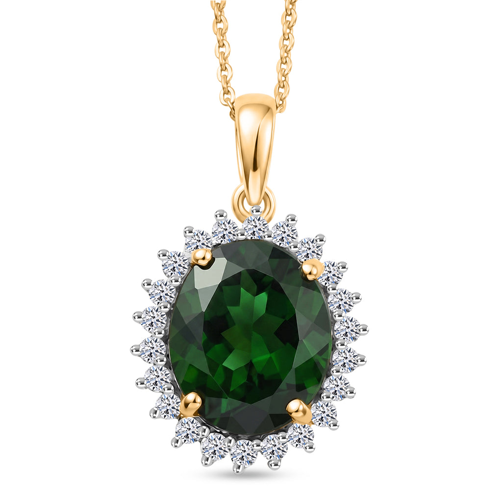 Luxuriant - Natural Chrome Diopside & Lab Grown Diamond (SI/G-H) Halo Pendant with Chain (Size 20) in 18K Vermeil Yellow Gold Plated Sterling Silver 5.25 Ct._4479351