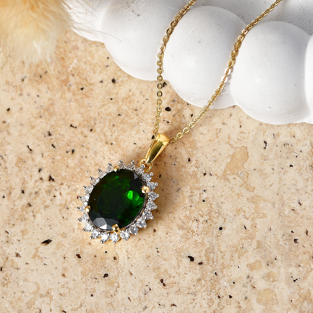 Luxuriant - Natural Chrome Diopside & Lab Grown Diamond (SI/G-H) Halo Pendant with Chain (Size 20) in 18K Vermeil Yellow Gold Plated Sterling Silver 5.25 Ct._4479351_2