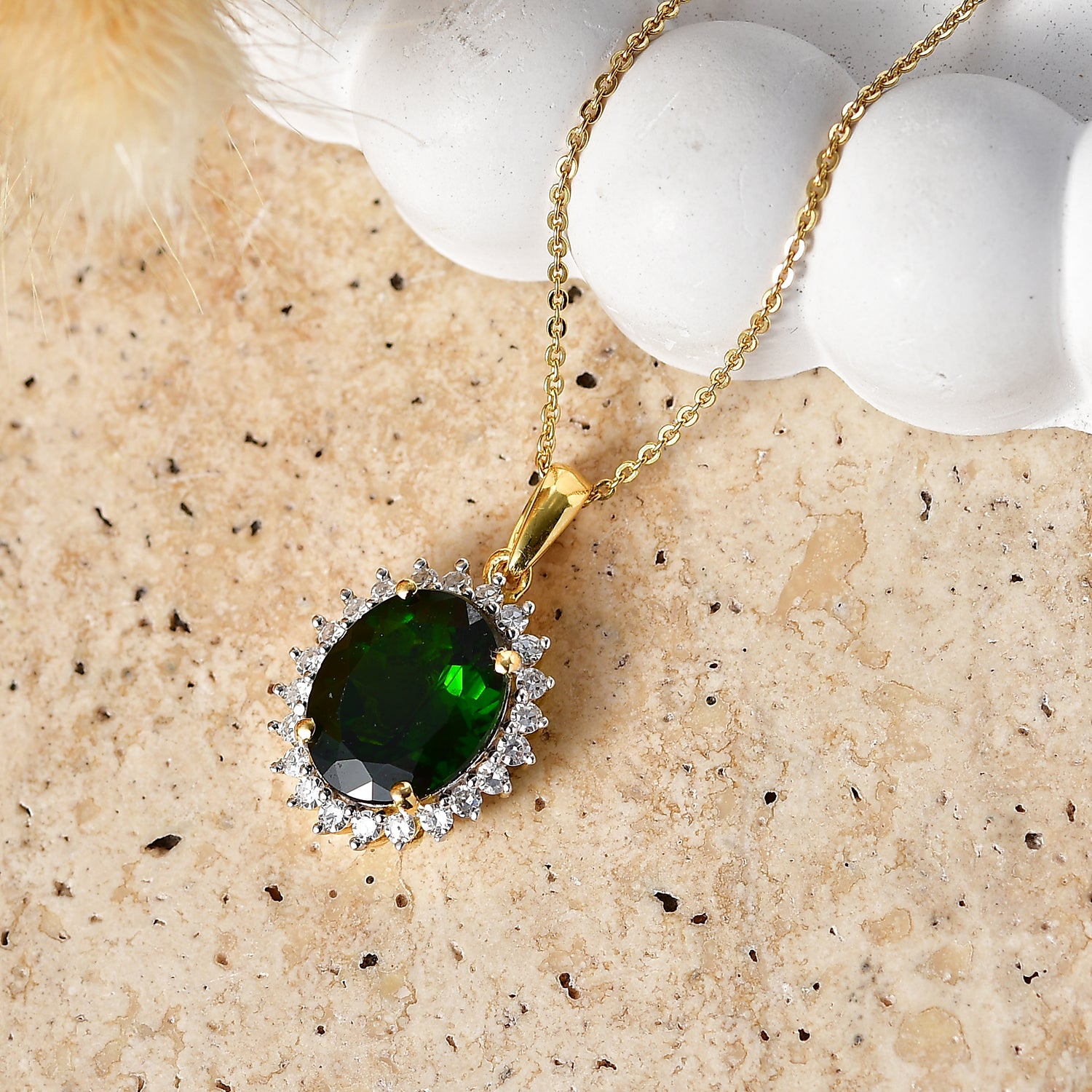 Luxuriant - Natural Chrome Diopside &amp; Lab Grown Diamond (SI/G-H) Halo Pendant with Chain (Size 20) in 18K Vermeil Yellow Gold Plated Sterling Silver 5.25 Ct. V32521394 3