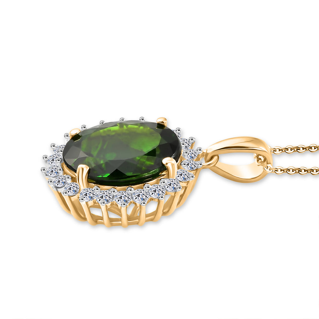 Luxuriant - Natural Chrome Diopside & Lab Grown Diamond (SI/G-H) Halo Pendant with Chain (Size 20) in 18K Vermeil Yellow Gold Plated Sterling Silver 5.25 Ct._4479351_3