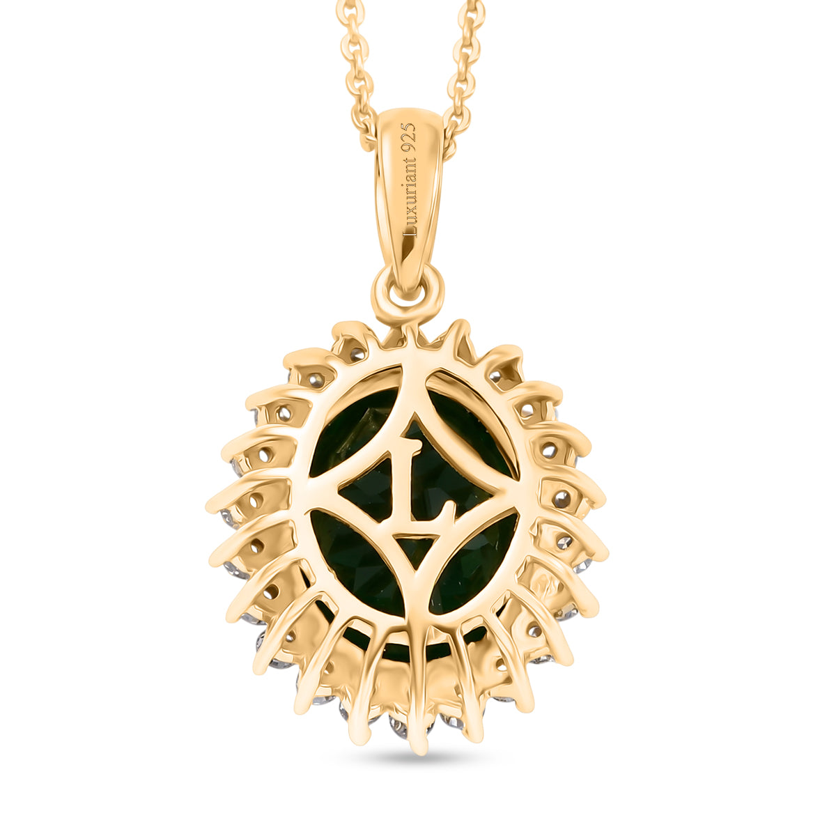 Luxuriant - Natural Chrome Diopside &amp; Lab Grown Diamond (SI/G-H) Halo Pendant with Chain (Size 20) in 18K Vermeil Yellow Gold Plated Sterling Silver 5.25 Ct. V32521394 5