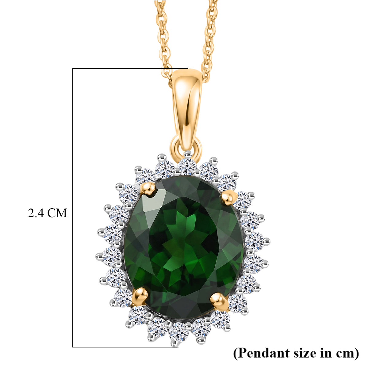 Luxuriant - Natural Chrome Diopside &amp; Lab Grown Diamond (SI/G-H) Halo Pendant with Chain (Size 20) in 18K Vermeil Yellow Gold Plated Sterling Silver 5.25 Ct. V32521394 6