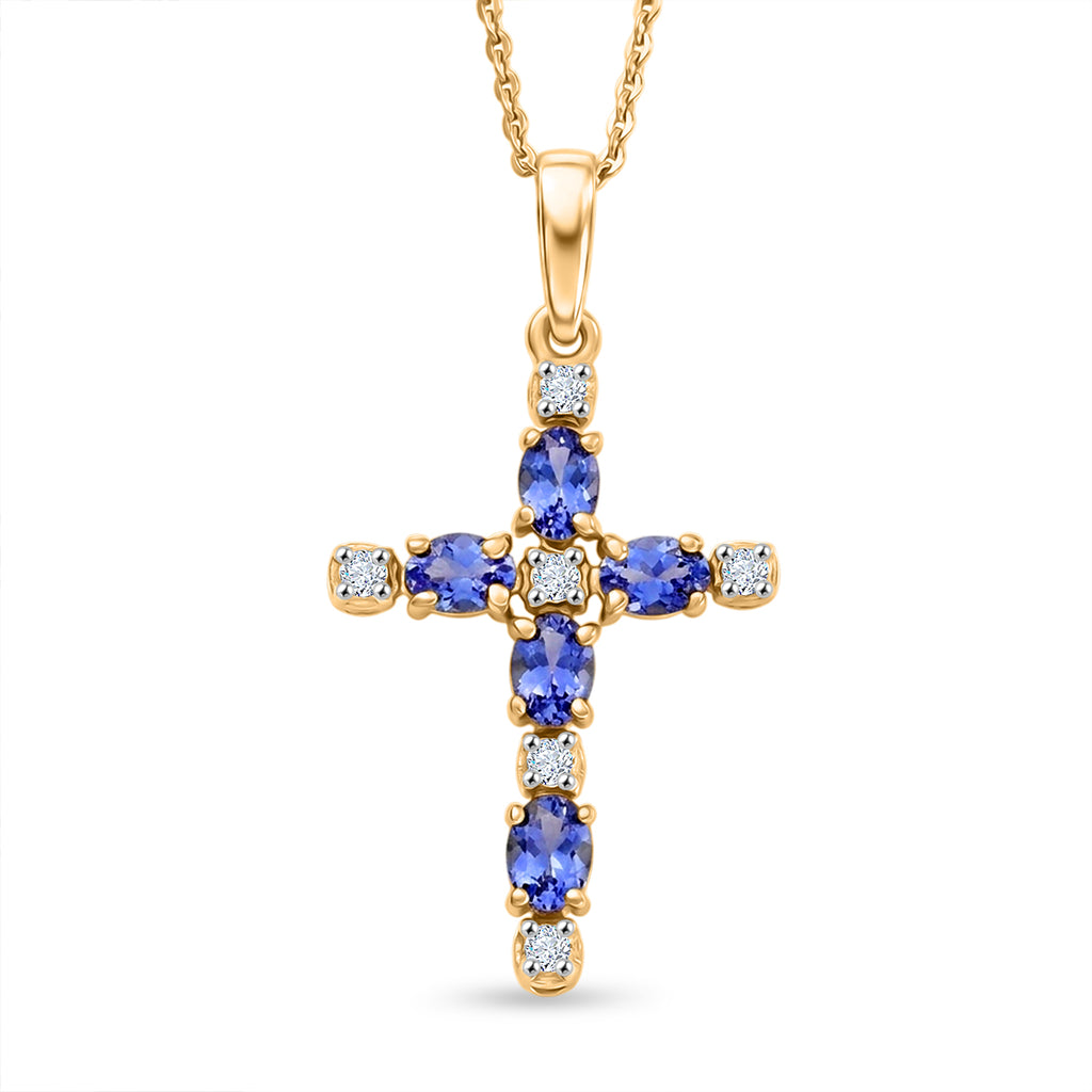 D'Joy - Tanzanite & Moissanite Cross Pendant with Chain (Size 20) in Yellow Gold Plated Sterling Silver 1.06 Ct._4479542