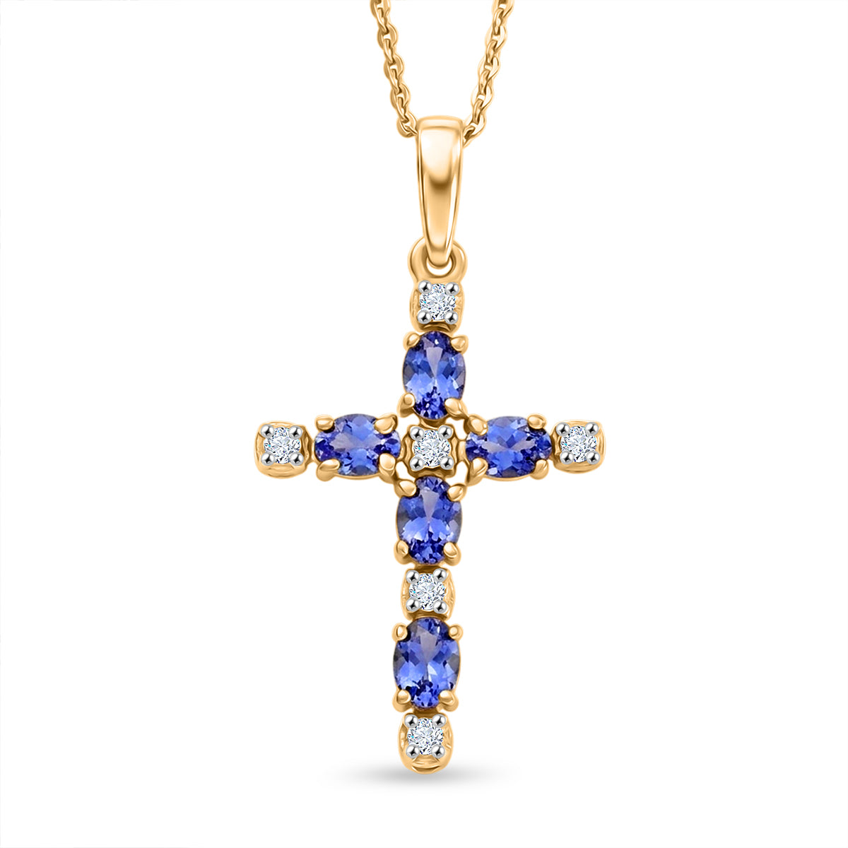 D'Joy - Tanzanite &amp; Moissanite Cross Pendant with Chain (Size 20) in Yellow Gold Plated Sterling Silver 1.06 Ct. V32514251 0