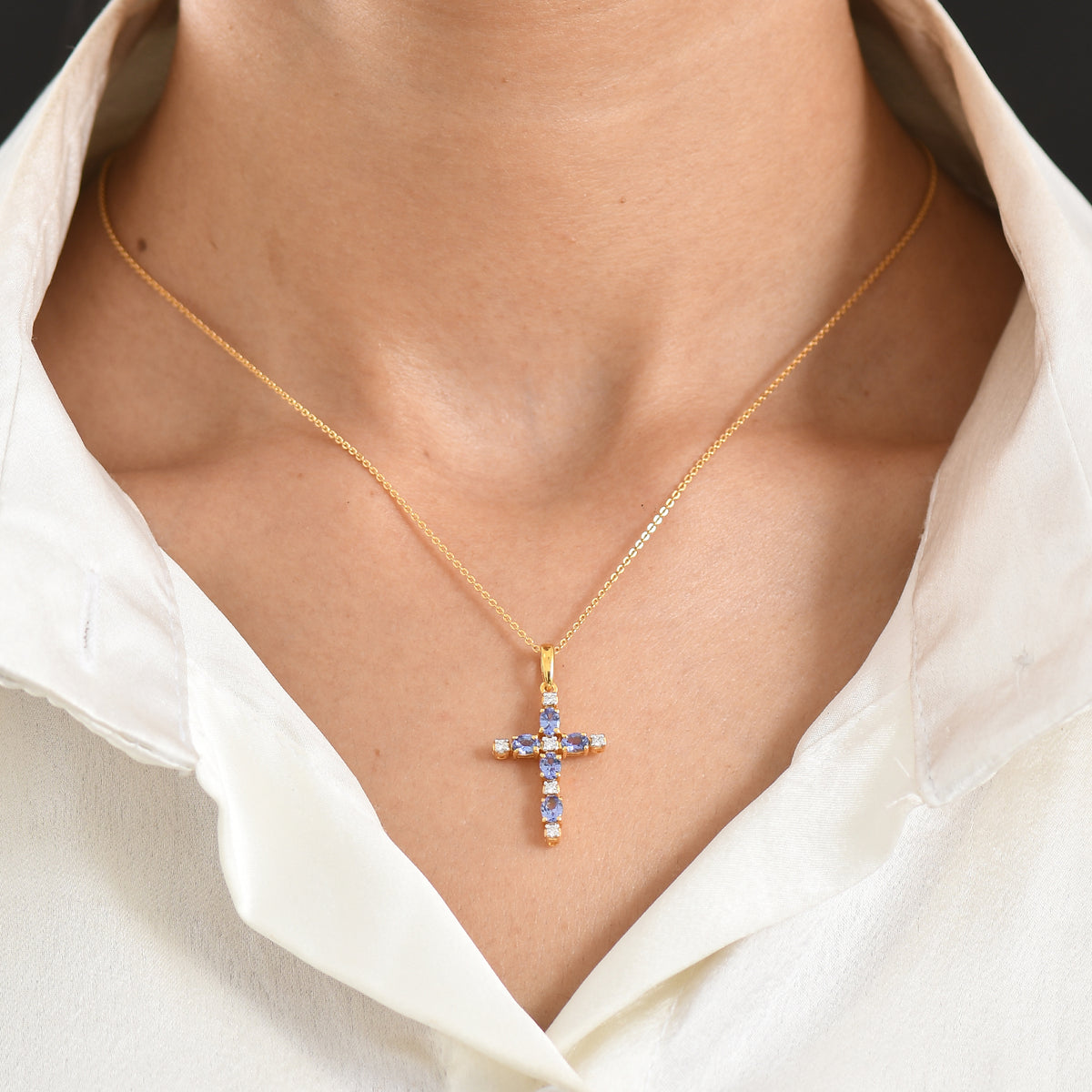 D'Joy - Tanzanite &amp; Moissanite Cross Pendant with Chain (Size 20) in Yellow Gold Plated Sterling Silver 1.06 Ct. V32514251 2