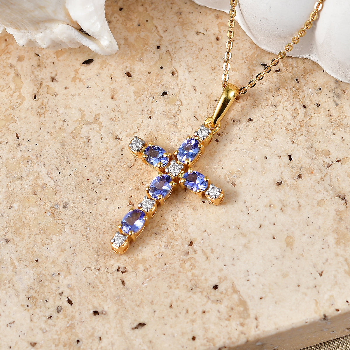D'Joy - Tanzanite &amp; Moissanite Cross Pendant with Chain (Size 20) in Yellow Gold Plated Sterling Silver 1.06 Ct. V32514251 3
