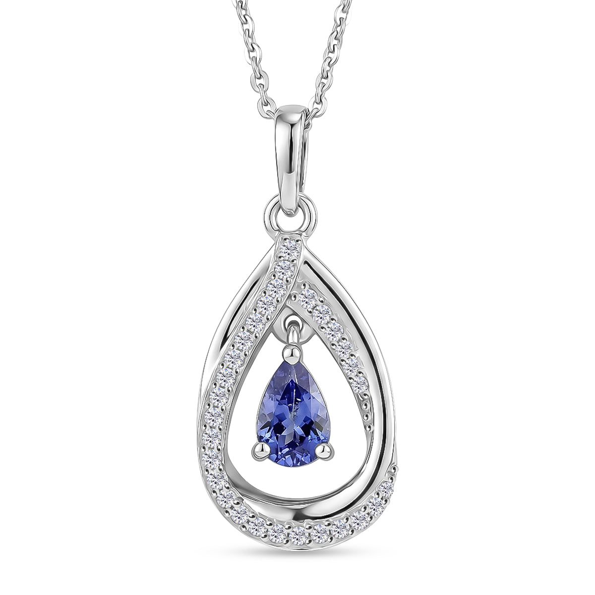 D'Joy - Tanzanite &amp; White Zircon Pendant with Chain (Size 20) in Rhodium Overlay Sterling Silver V32514852 0