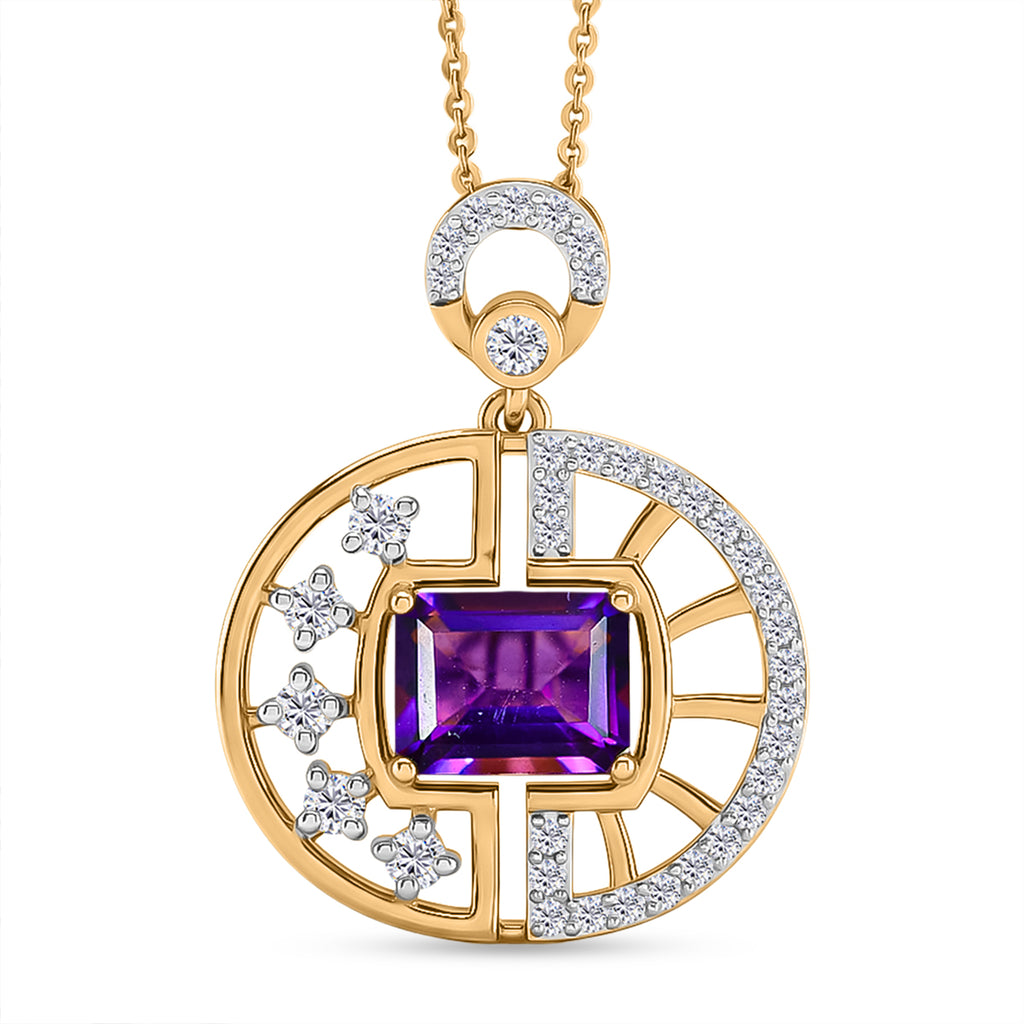 D'Joy - AAA Zambian Amethyst & White Zircon Geometric Circle Pendant with Chain (Size 20) in Yellow Gold Plated Sterling Silver 2.00 Ct._4479650