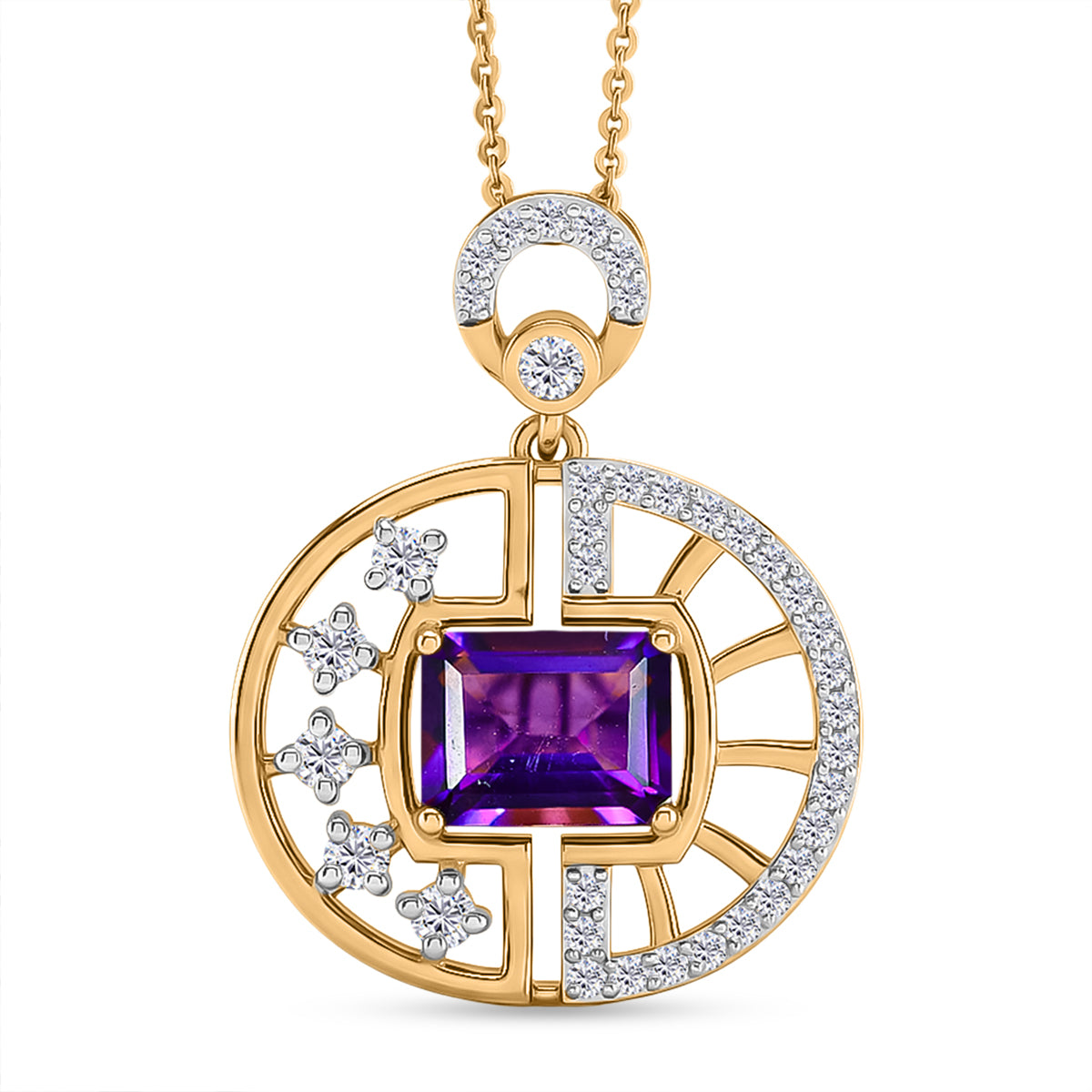 D'Joy - AAA Zambian Amethyst &amp; White Zircon Geometric Circle Pendant with Chain (Size 20) in Yellow Gold Plated Sterling Silver 2.00 Ct. 4479650 0